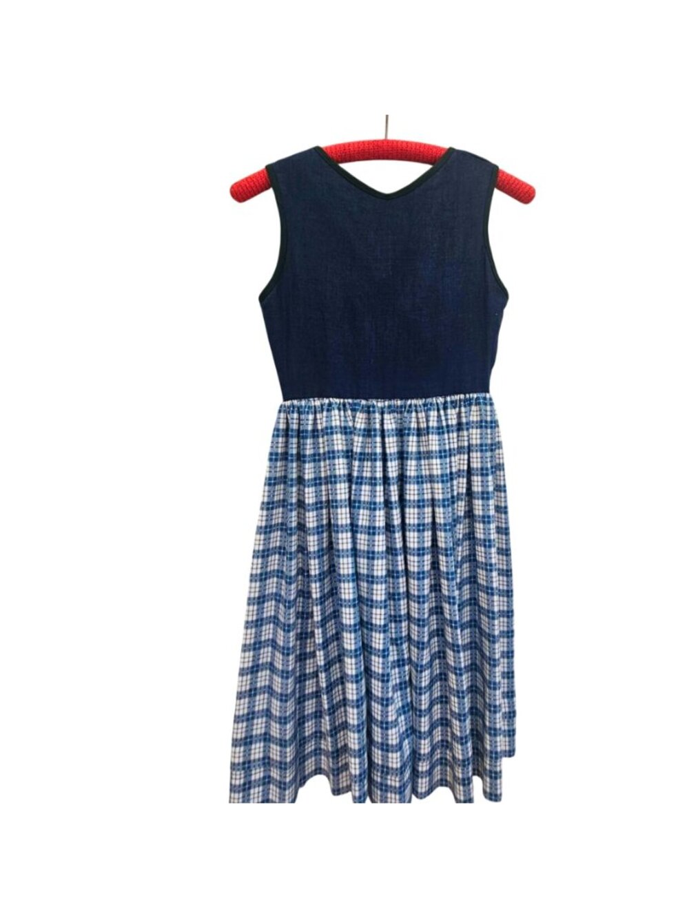 Vintage 80s 90s Handmade Dirndl Dress Blue and White Cotton Polyester XXS - Picture 7 of 16